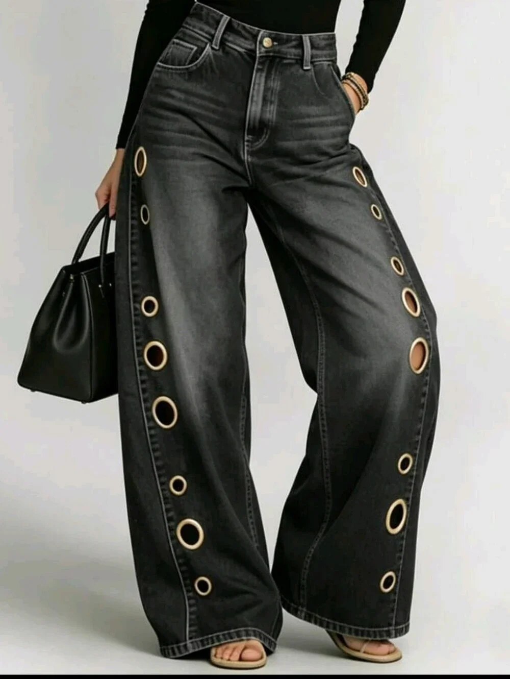 Wide Leg Black Jeans with Gold Eyelet Detail - Picture 4 of 6
